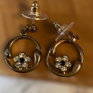 *floral ring dangle earrings gold tone with rhinestone floral detail f